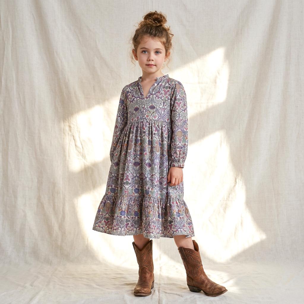 Liberty London Smock Boho Midi Puffed Long Sleeves Dress, Heirloom Wedding Flower Girl Gown