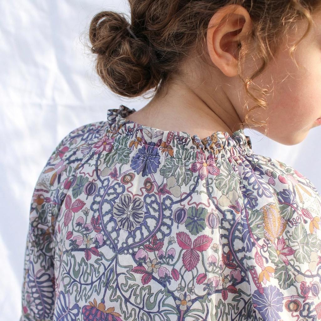 Liberty London Smock Boho Midi Puffed Long Sleeves Dress, Heirloom Wedding Flower Girl Gown