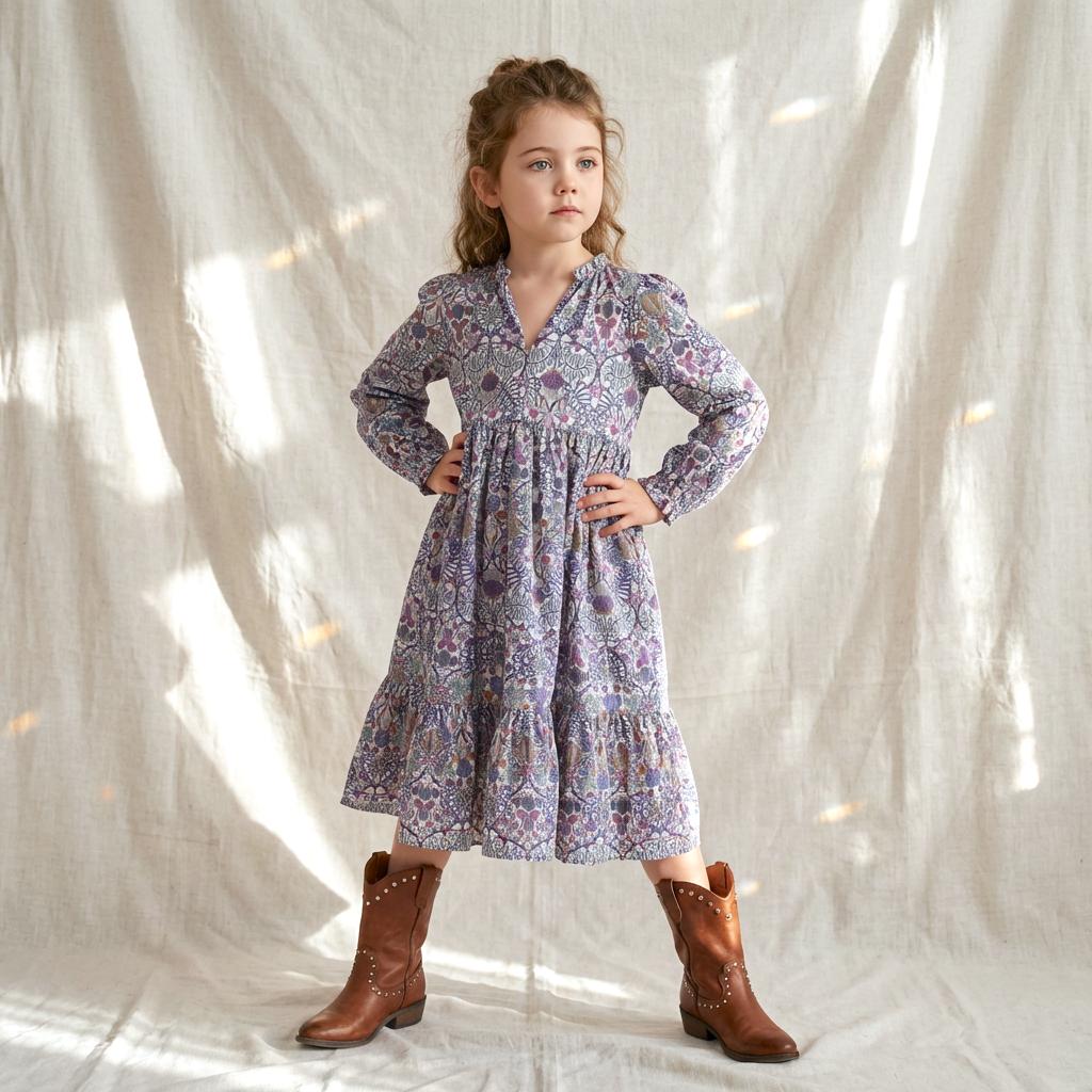 Liberty London Smock Boho Midi Puffed Long Sleeves Dress, Heirloom Wedding Flower Girl Gown