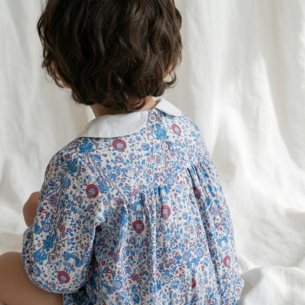 Liberty London Personalised Bubble Playsuit, Long-sleeved Collared Tailoring Romper, Sustainable Handcrafted Timeless Children Clothing