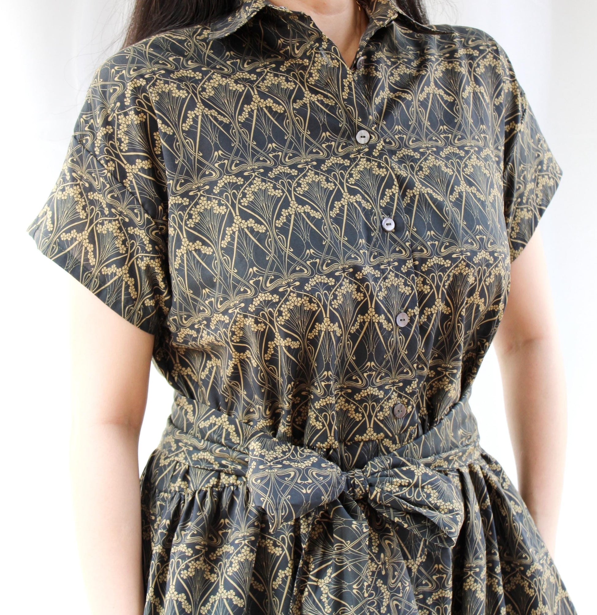 Liberty London Midi Shirt Dress, Drop Shoulder Short Sleeves Navy Gold Print Handmade Clothing