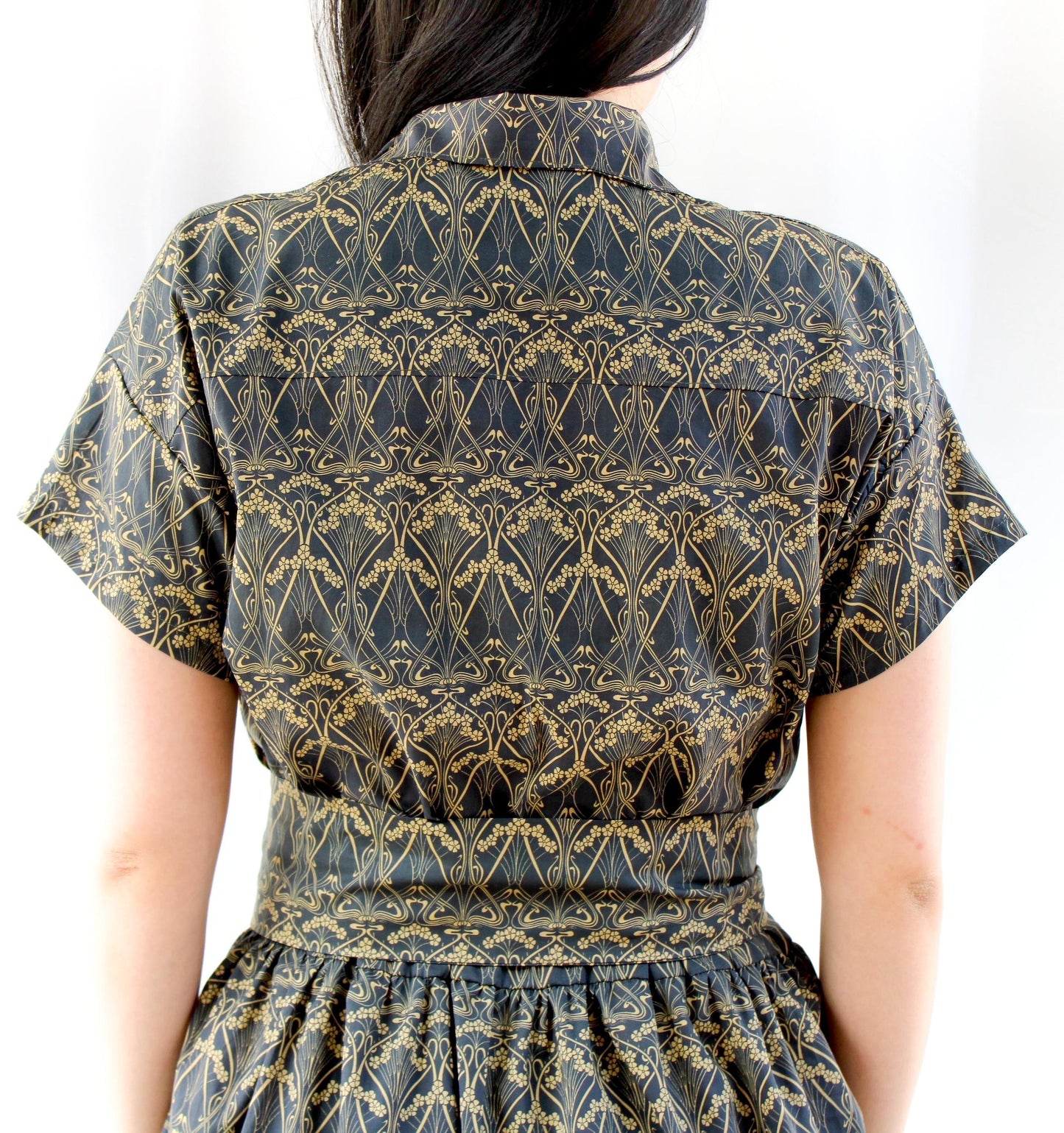 Liberty London Midi Shirt Dress, Drop Shoulder Short Sleeves Navy Gold Print Handmade Clothing