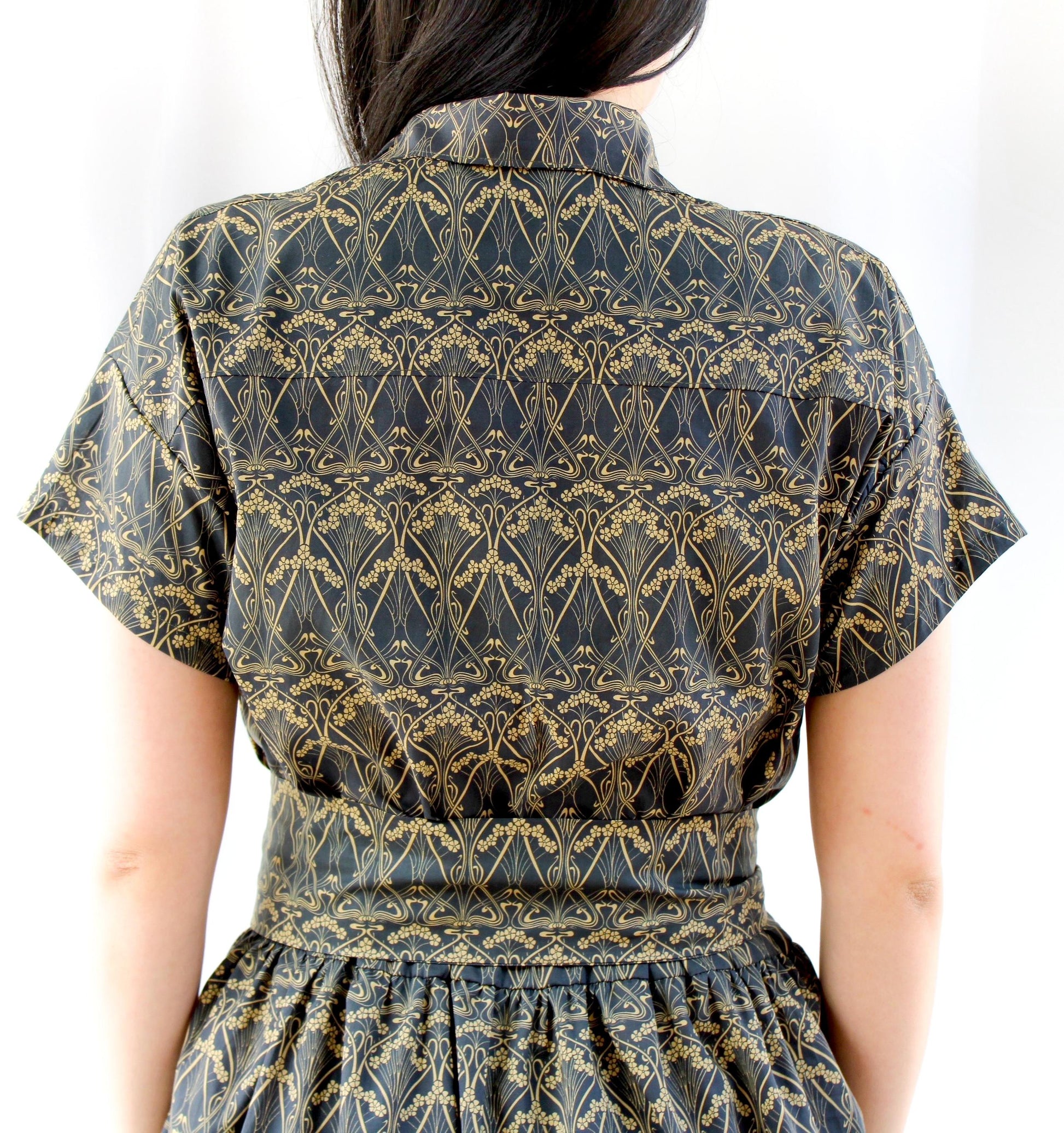 Liberty London Midi Shirt Dress, Drop Shoulder Short Sleeves Navy Gold Print Handmade Clothing
