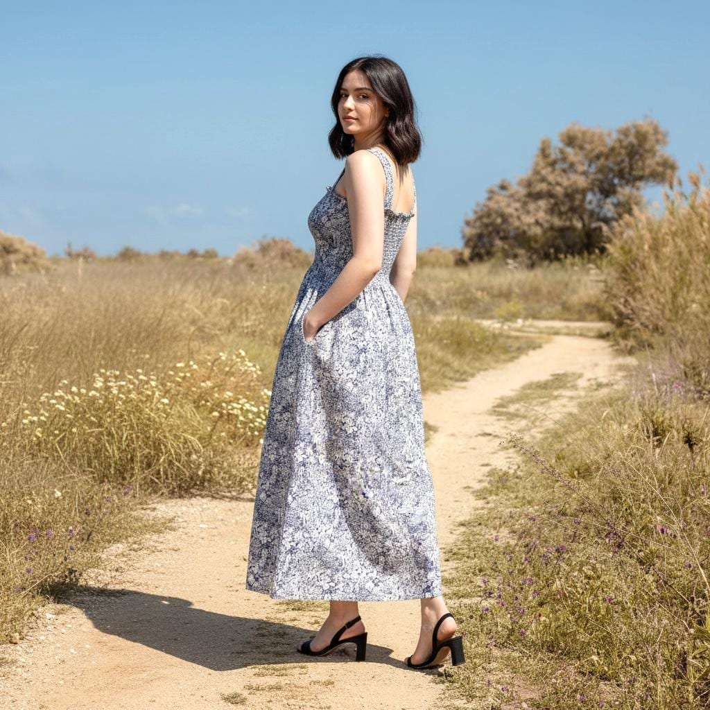 Liberty London Navy White Floral Print Smock Shirred Sun Dress, Cotton Handmade Beach Dress
