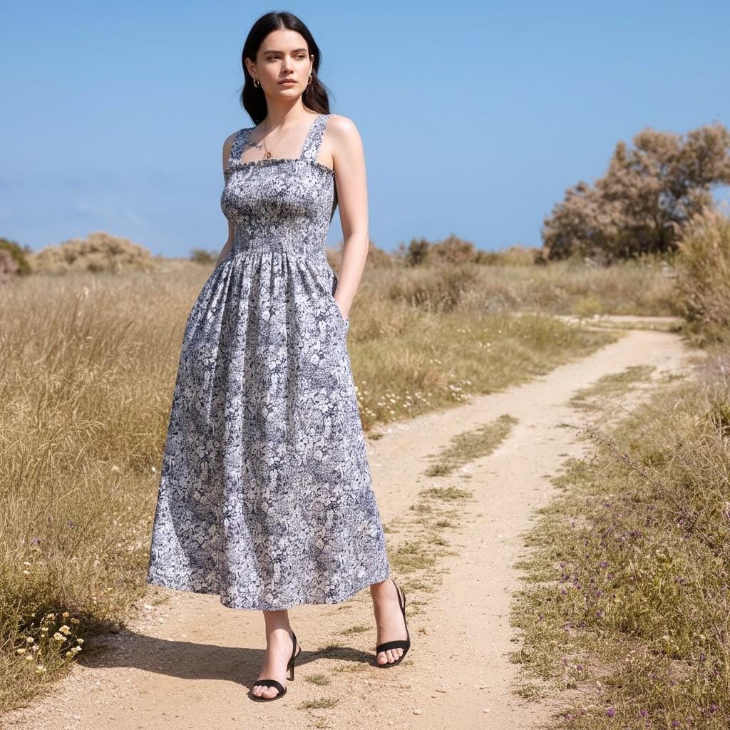 Liberty London Navy White Floral Print Smock Shirred Sun Dress, Cotton Handmade Beach Dress