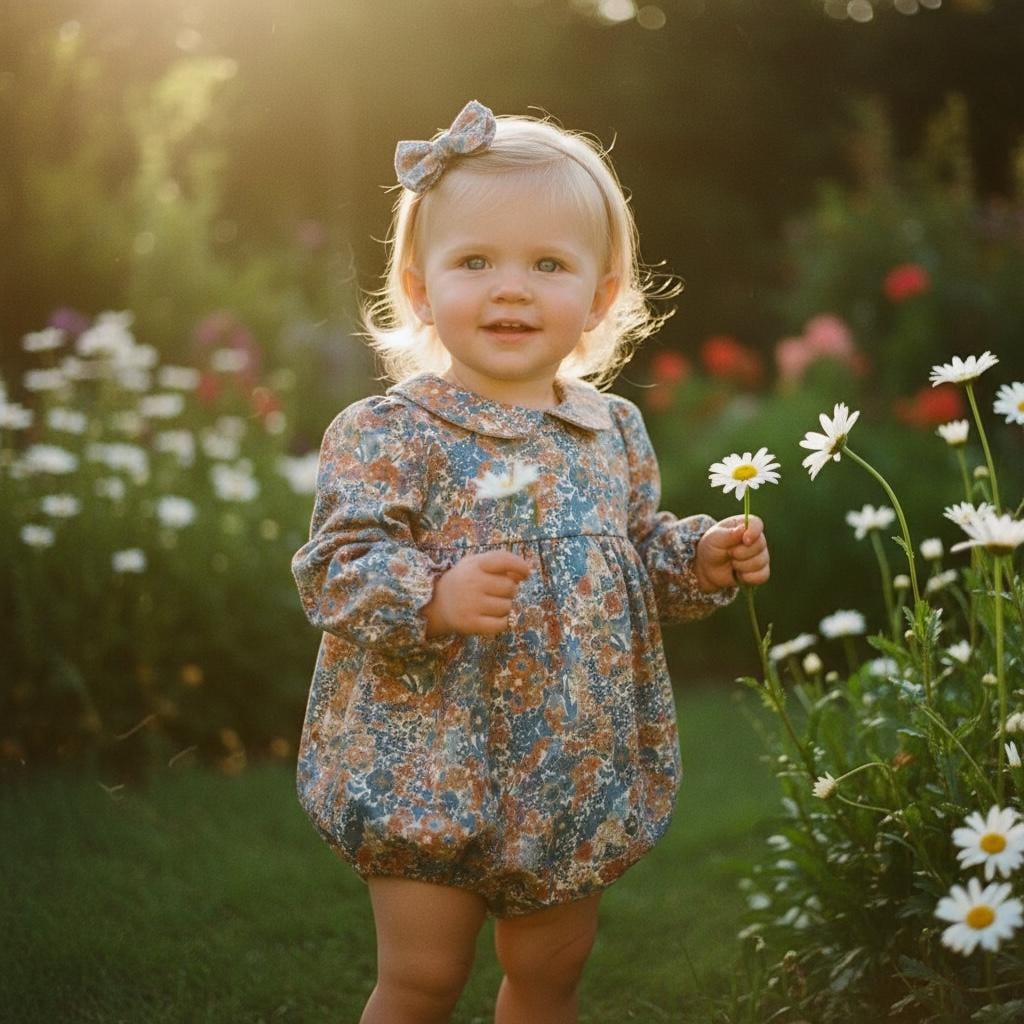 Liberty London Cotton Floral Print Baby Bubble Romper: Long Sleeve Playsuit, Peter Pan Collar