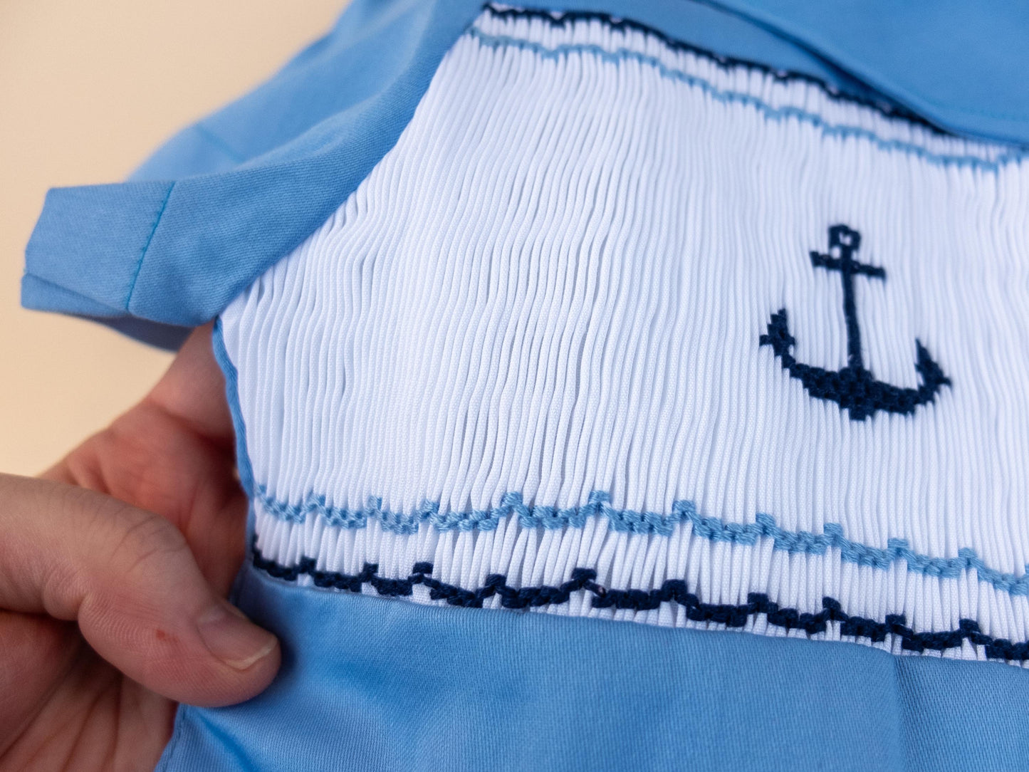 Easter Blue Smock Cotton Romper, Peter Pan Collar Short Sleeves Overalls, Sailor Print Playsuit