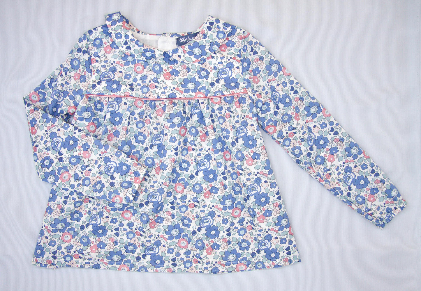 Liberty London Peter Pan Collar Smock Top, Long Sleeves Blue Betsy Floral Print Blouse