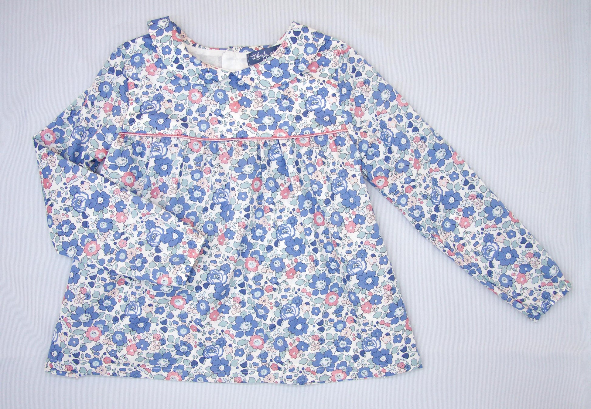 Liberty London Peter Pan Collar Smock Top, Long Sleeves Blue Betsy Floral Print Blouse