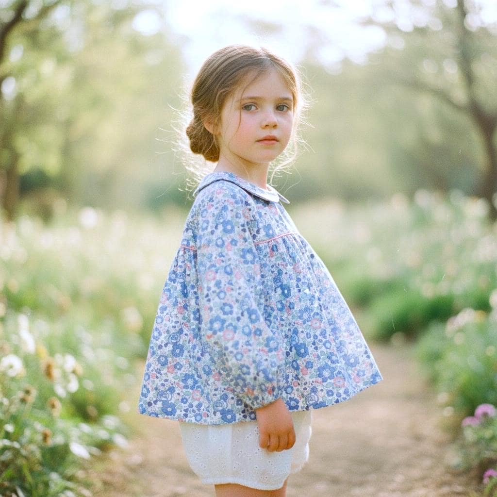 Liberty London Peter Pan Collar Smock Top, Long Sleeves Blue Betsy Floral Print Blouse