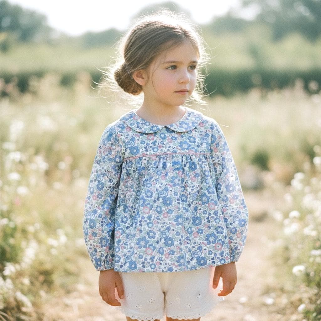 Liberty London Peter Pan Collar Smock Top, Long Sleeves Blue Betsy Floral Print Blouse