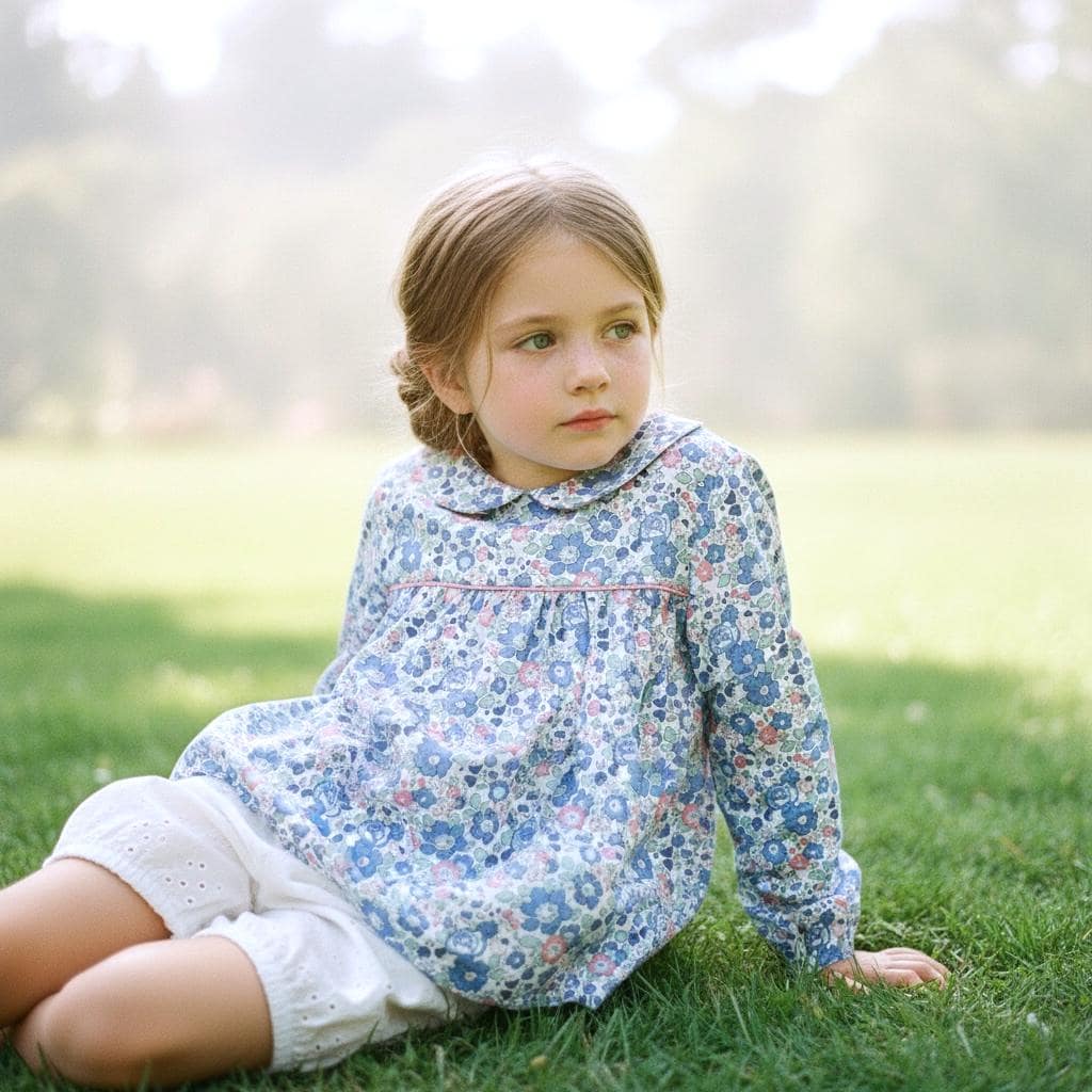 Liberty London Peter Pan Collar Smock Top, Long Sleeves Blue Betsy Floral Print Blouse