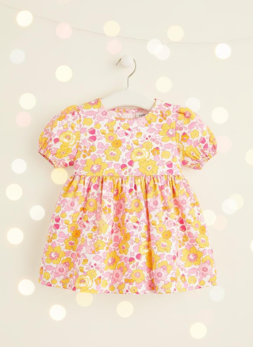Liberty London Pink Yellow Handmade Sun Dress, Puffed Short Sleeves Ditsy Floral Print Dress