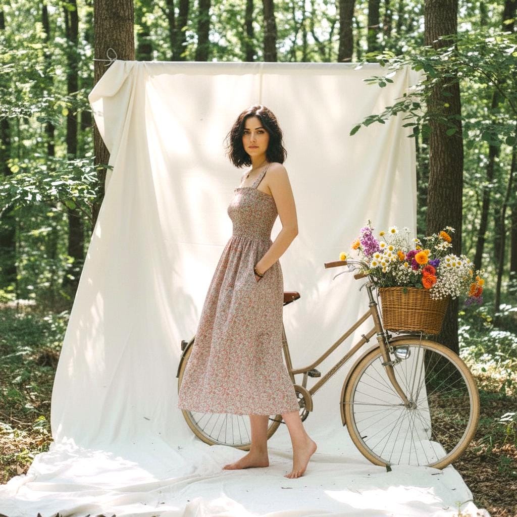 Liberty London Smock Shirred Midi Sun Dress, Handmade Floral Print Cotton Tana Lawn Clothing