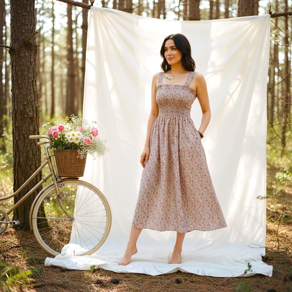 Liberty London Smock Shirred Midi Sun Dress, Handmade Floral Print Cotton Tana Lawn Clothing