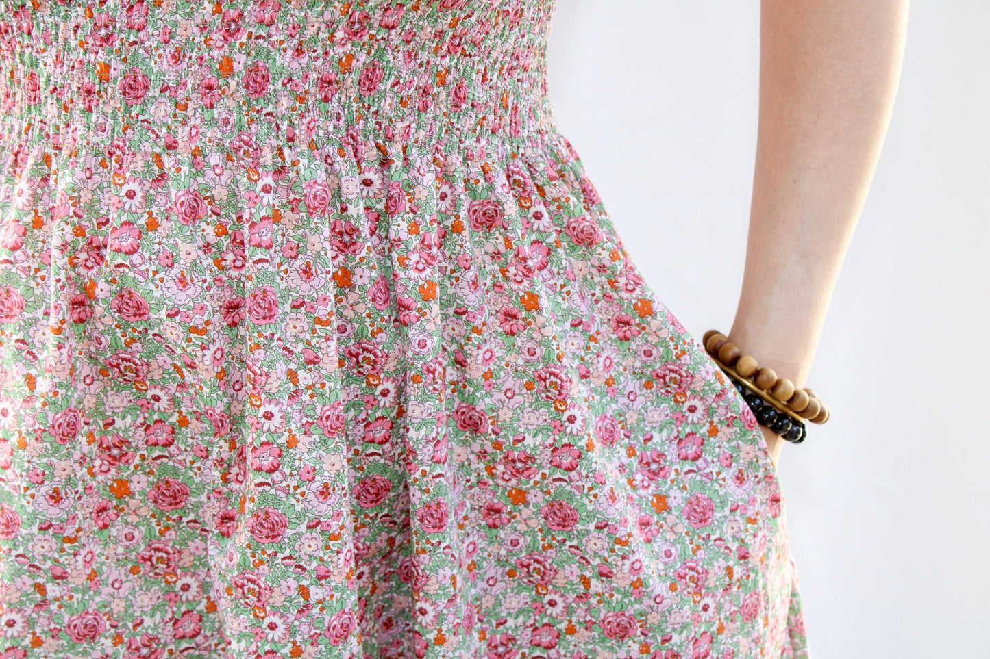Liberty London Smock Shirred Midi Sun Dress, Handmade Floral Print Cotton Tana Lawn Clothing