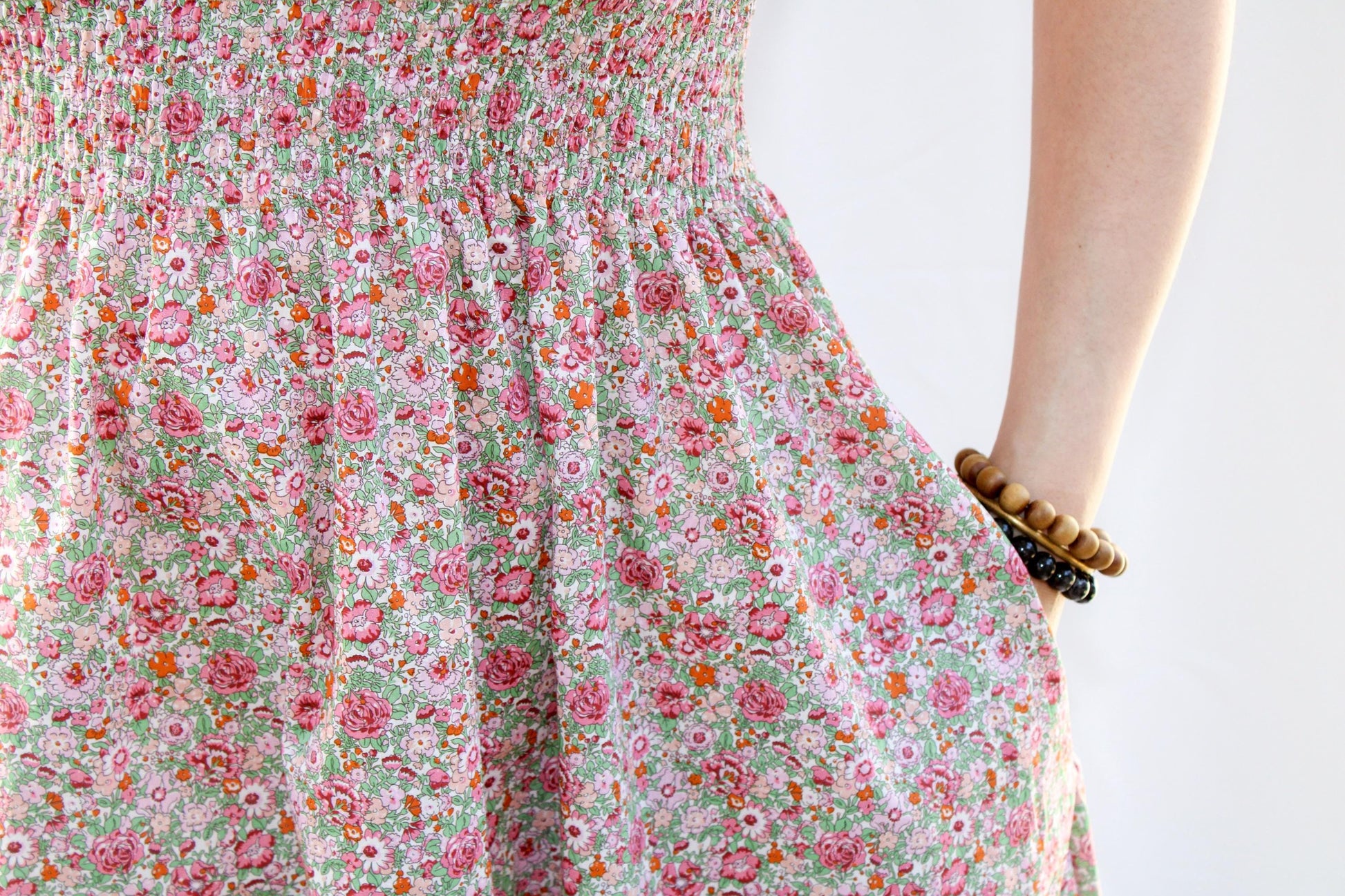 Liberty London Smock Shirred Midi Sun Dress, Handmade Floral Print Cotton Tana Lawn Clothing