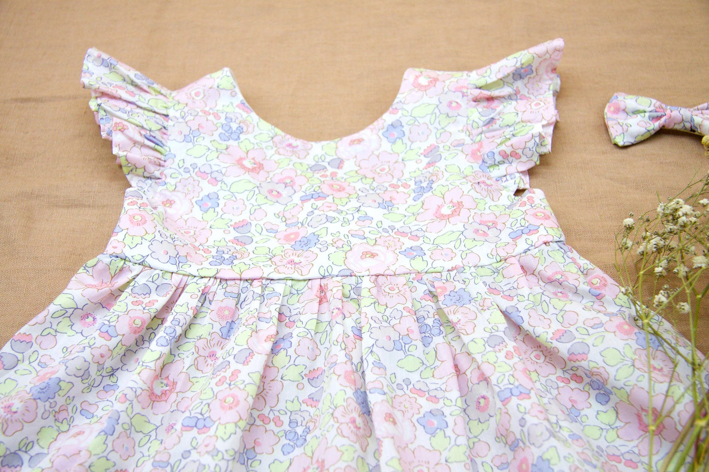 Liberty London Floral Print Sleeveless Sun Dress, Pastel Pink Green Tana Lawn Handmade Dress