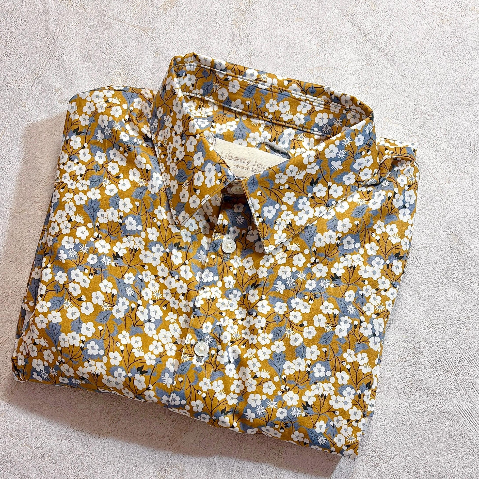 Liberty London Button Up Long Sleeves Dress Shirt, Mustard Gray Handmade Floral Print Chemise