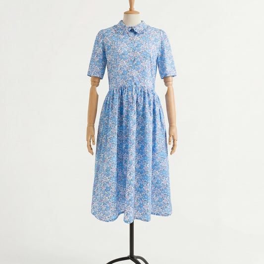 Liberty London Midi Frilled Peter Pan Collar Dress, Puffed Half Sleeves Tana Lawn Gown