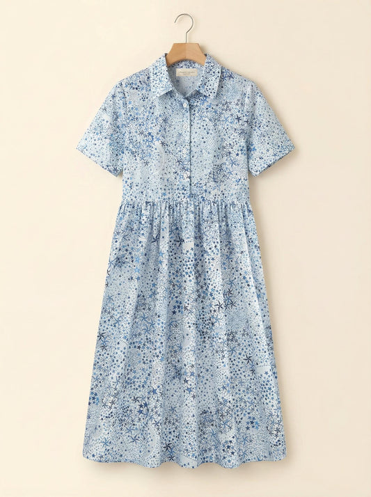 Liberty London Short-Sleeved Shirtdress, Handmade Botanical Floral-Print Womenswear, Midi Tailoring Dress, Sustainable Ethical Clothing