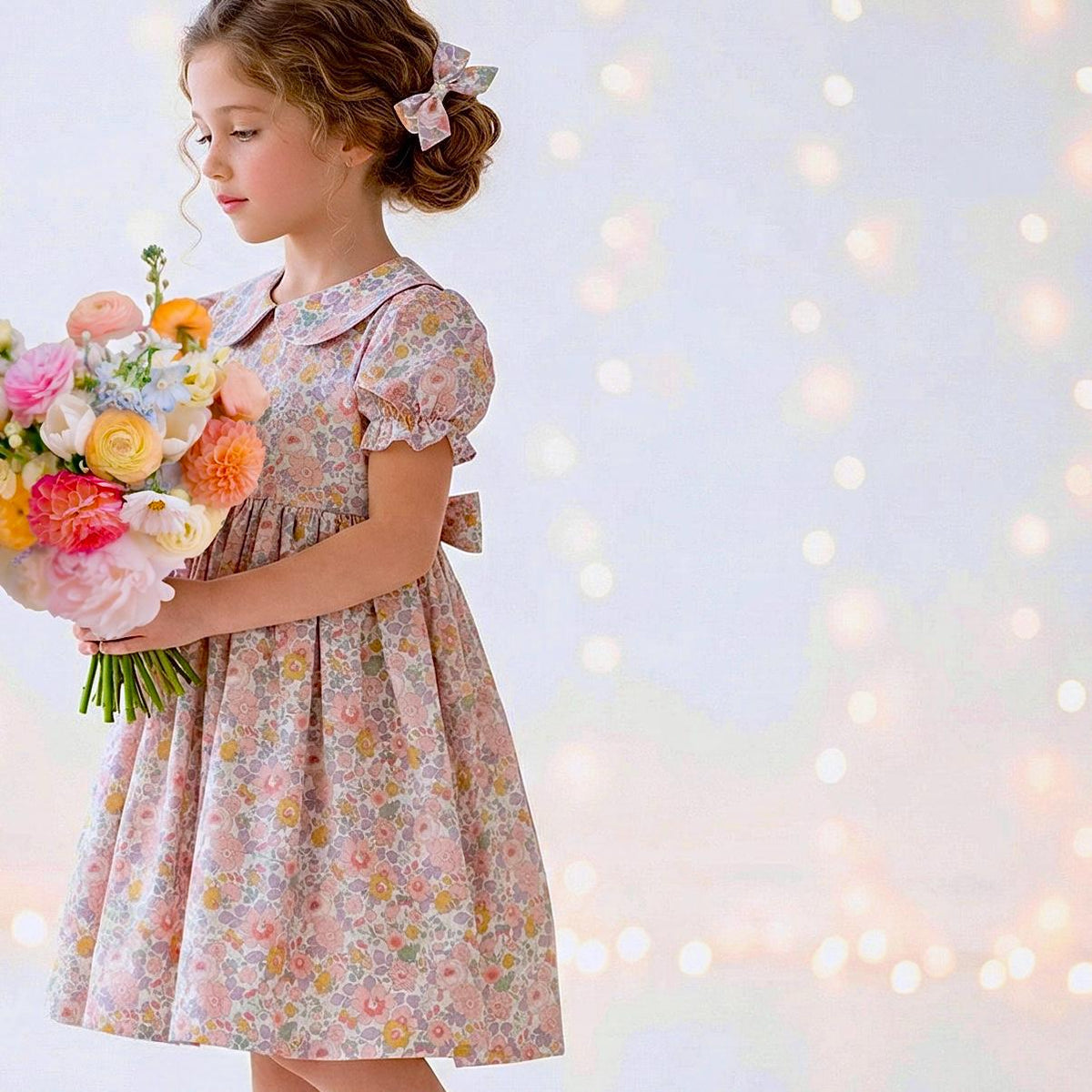 Liberty London Wedding Flower Girl Dress, Peter-Pan Collared Short-Sleeved Handmade Heirloom Gown, Sustainable Clothing