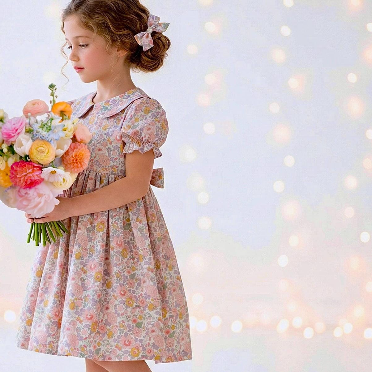 Liberty London Wedding Flower Girl Dress, Peter-Pan Collared Short-Sleeved Handmade Heirloom Gown, Sustainable Clothing
