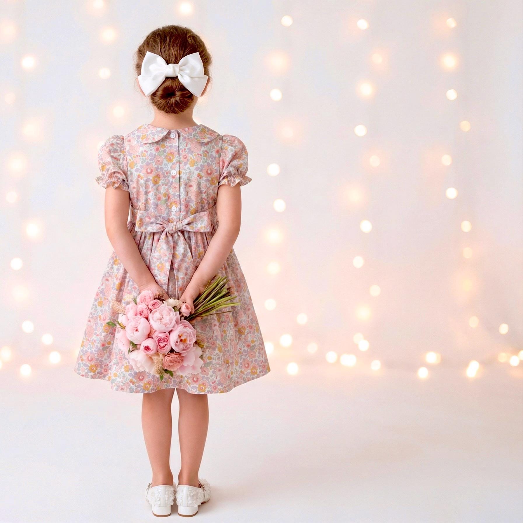 Liberty London Wedding Flower Girl Dress, Peter-Pan Collared Short-Sleeved Handmade Heirloom Gown, Sustainable Clothing