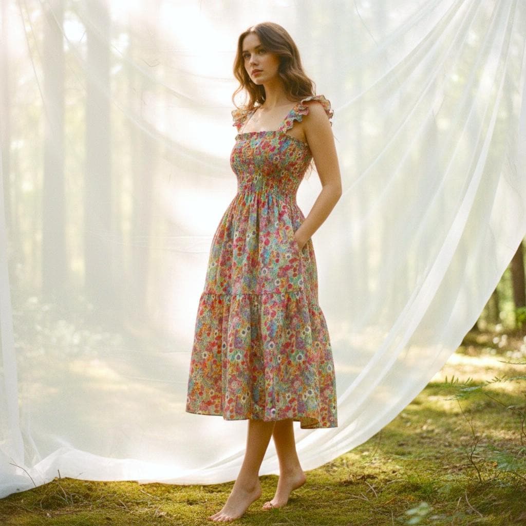 Liberty London Floral Print Smock Dress: Shirred Sleeveless Midi Dress, Ruffle Strap