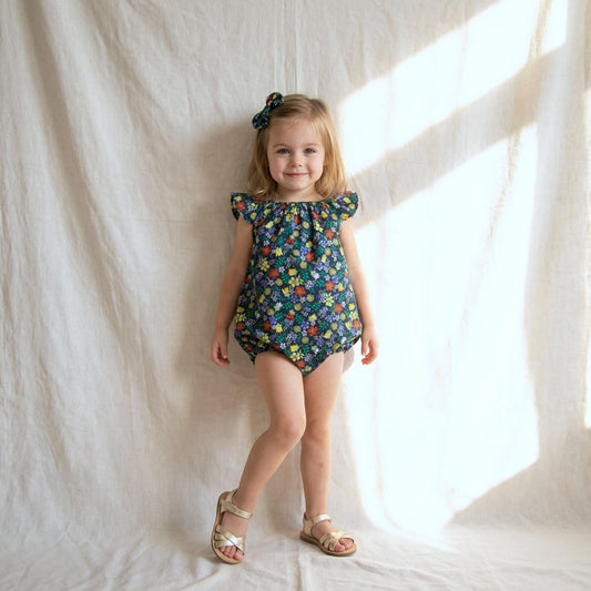 Liberty London Sleeveless Bubble Romper, Handmade Cotton Children-wear, Floral-Print Sunsuit, Sustainable Eco-friendly Personalised Clothing
