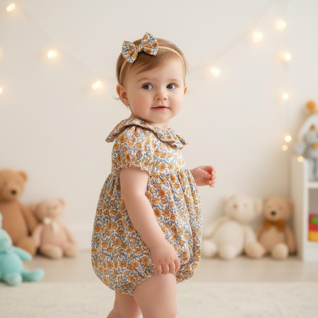 Liberty London Frilled Collar Bubble Romper, Puffy Sleeves Floral Print Playsuit, 100% Cotton
