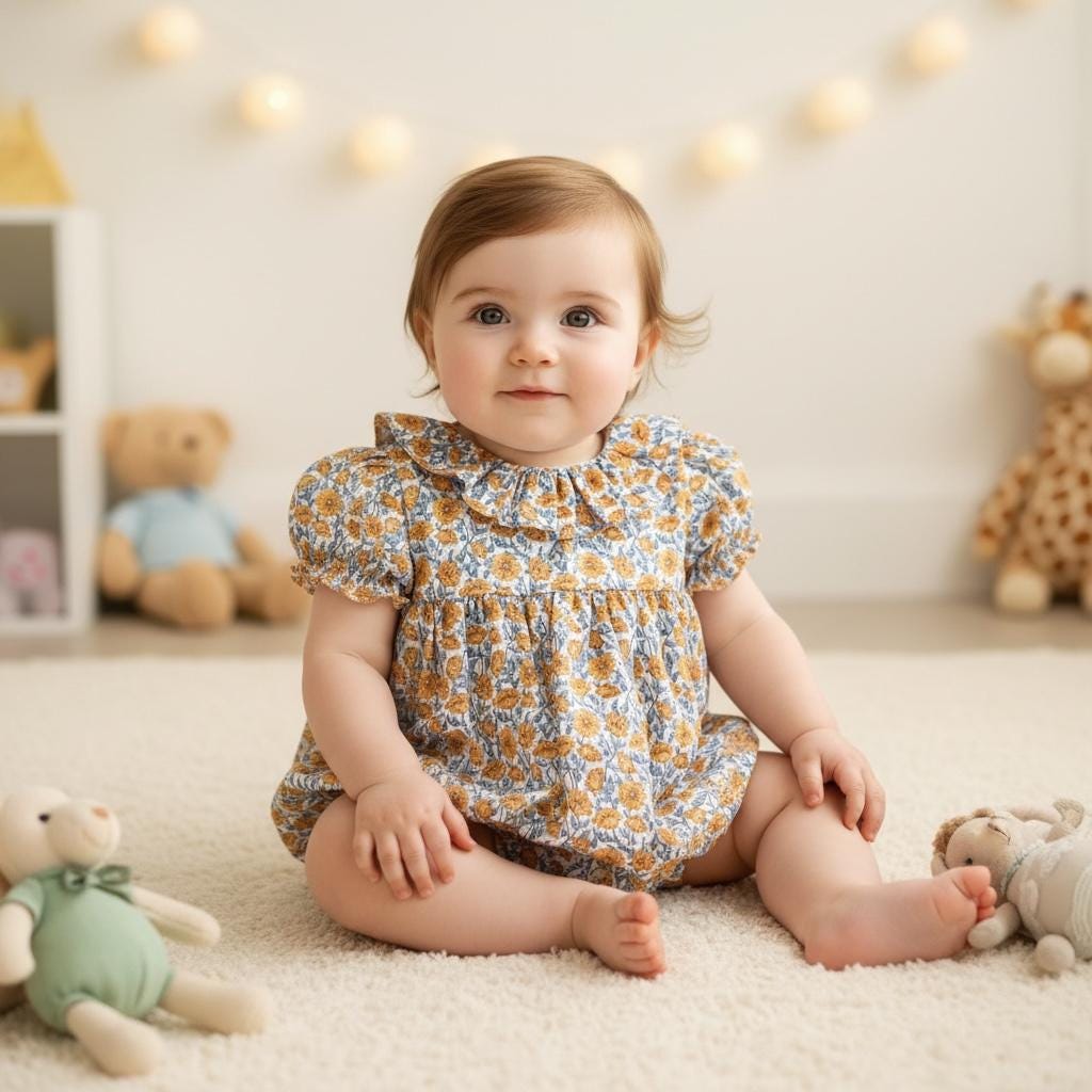 Liberty London Frilled Collar Bubble Romper, Puffy Sleeves Floral Print Playsuit, 100% Cotton
