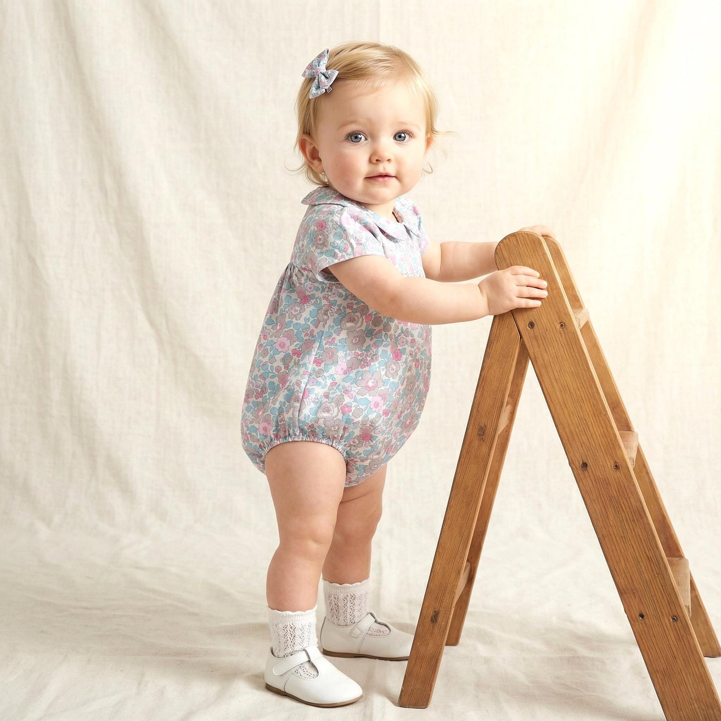 Liberty London Floral Bubble Romper, Pastel Pink Blue, Peter Pan Collar Sunsuit