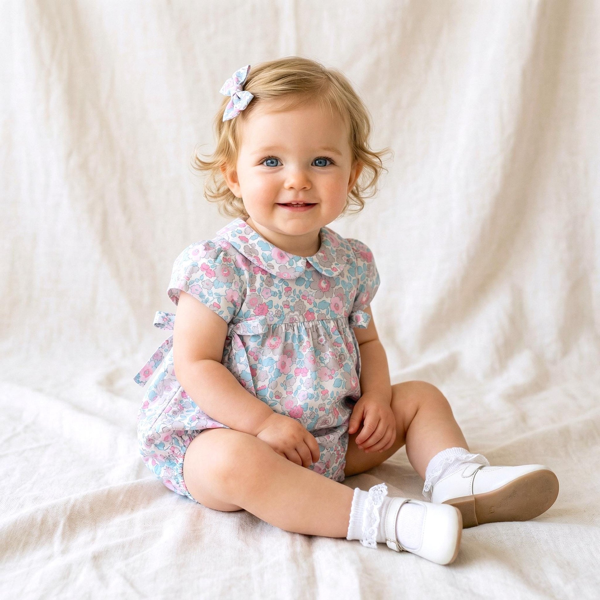 Liberty London Floral Bubble Romper, Pastel Pink Blue, Peter Pan Collar Sunsuit