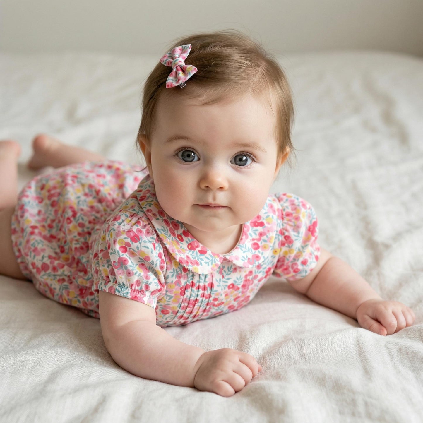 Liberty London Heirloom Children-wear, Peter-Pan Collared Short-Sleeved Ditsy Bubble Romper, Handmade Sustainable Luxury Clothing