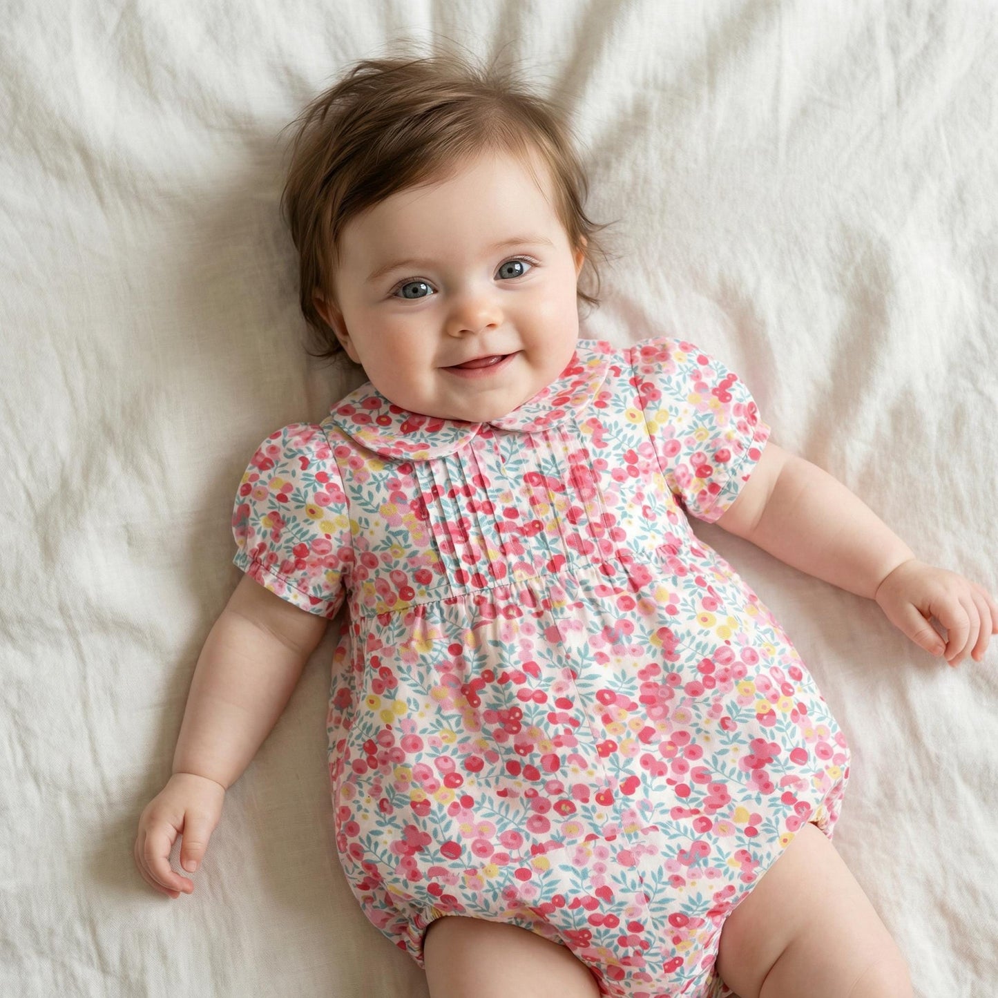 Liberty London Floral Bubble Romper, Peter Pan Collar, Heirloom Cotton Sunsuit