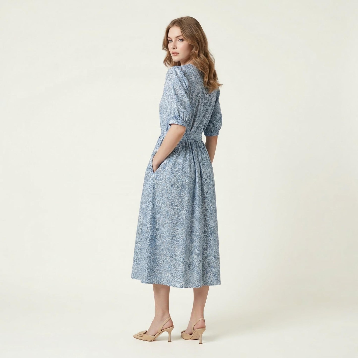 Pussy Bow Liberty London Midi Shirt Dress: Puffy Long Sleeves, Botanical Floral Print