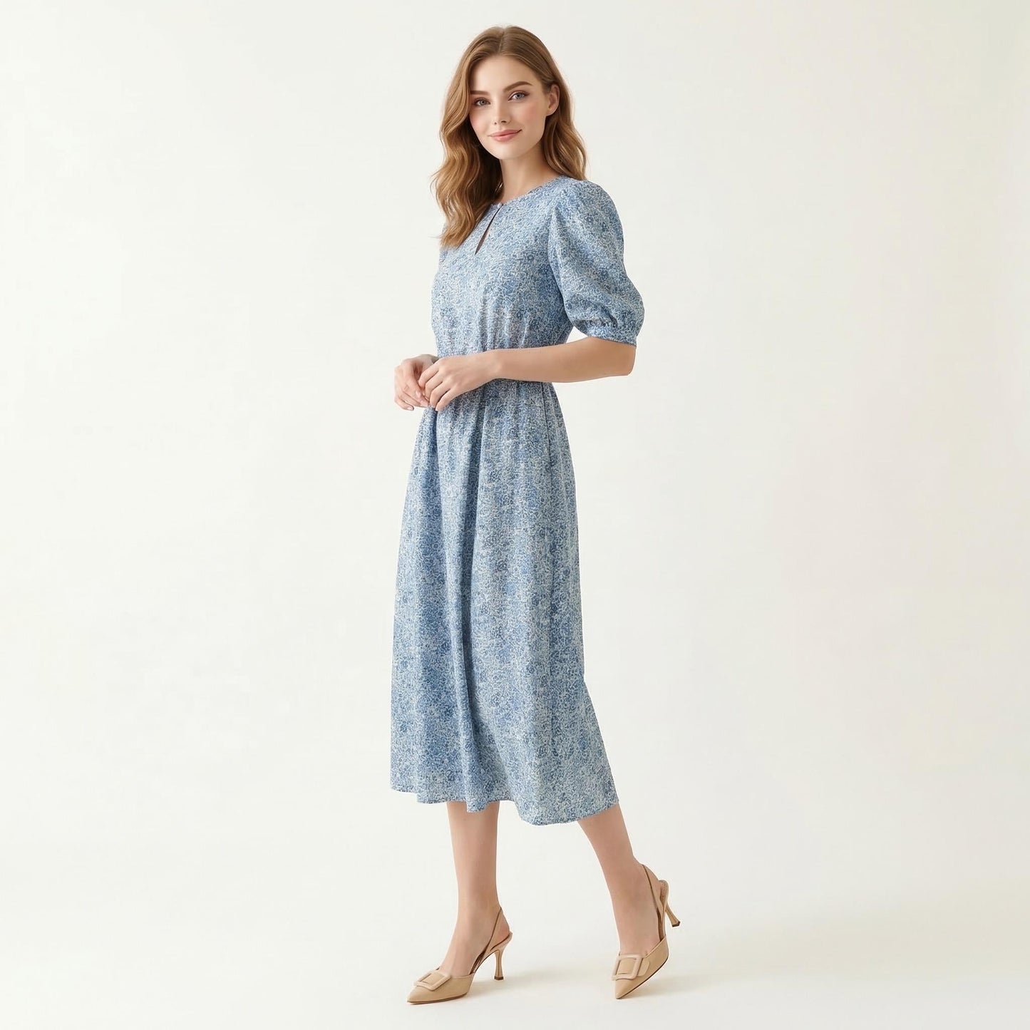 Pussy Bow Liberty London Midi Shirt Dress: Puffy Long Sleeves, Botanical Floral Print