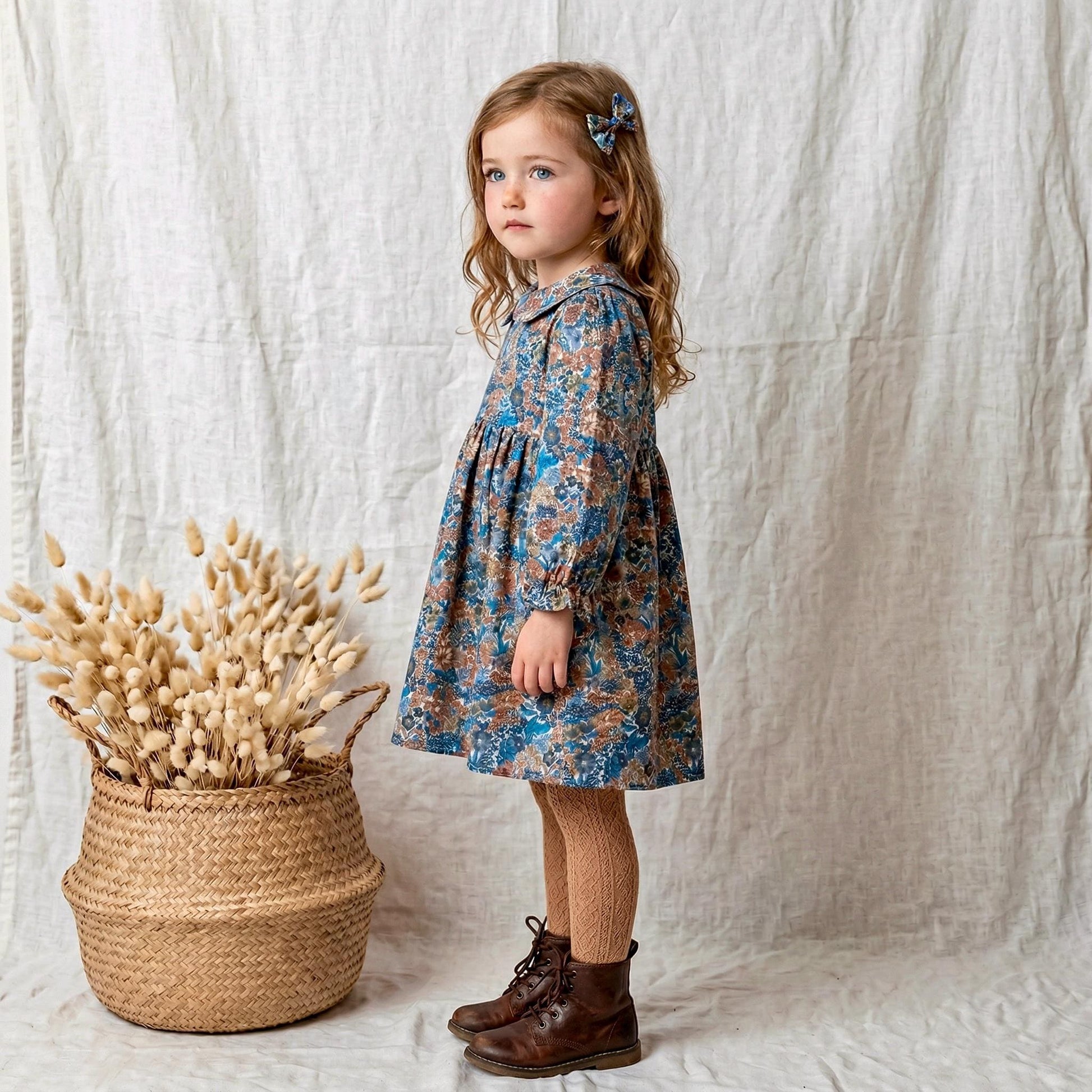 Liberty London Long Sleeve Peter Pan Collar Girl Dress: Floral Print Cotton Fabric