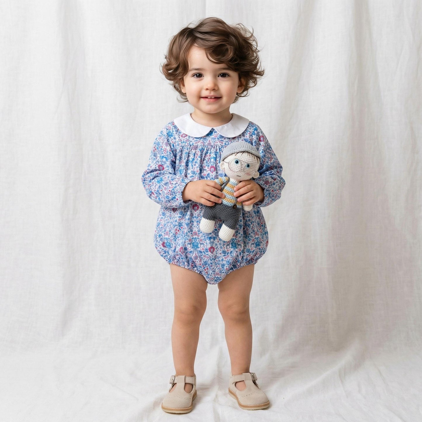 Liberty London Personalised Bubble Playsuit, Long-sleeved Collared Tailoring Romper, Sustainable Handcrafted Timeless Children Clothing