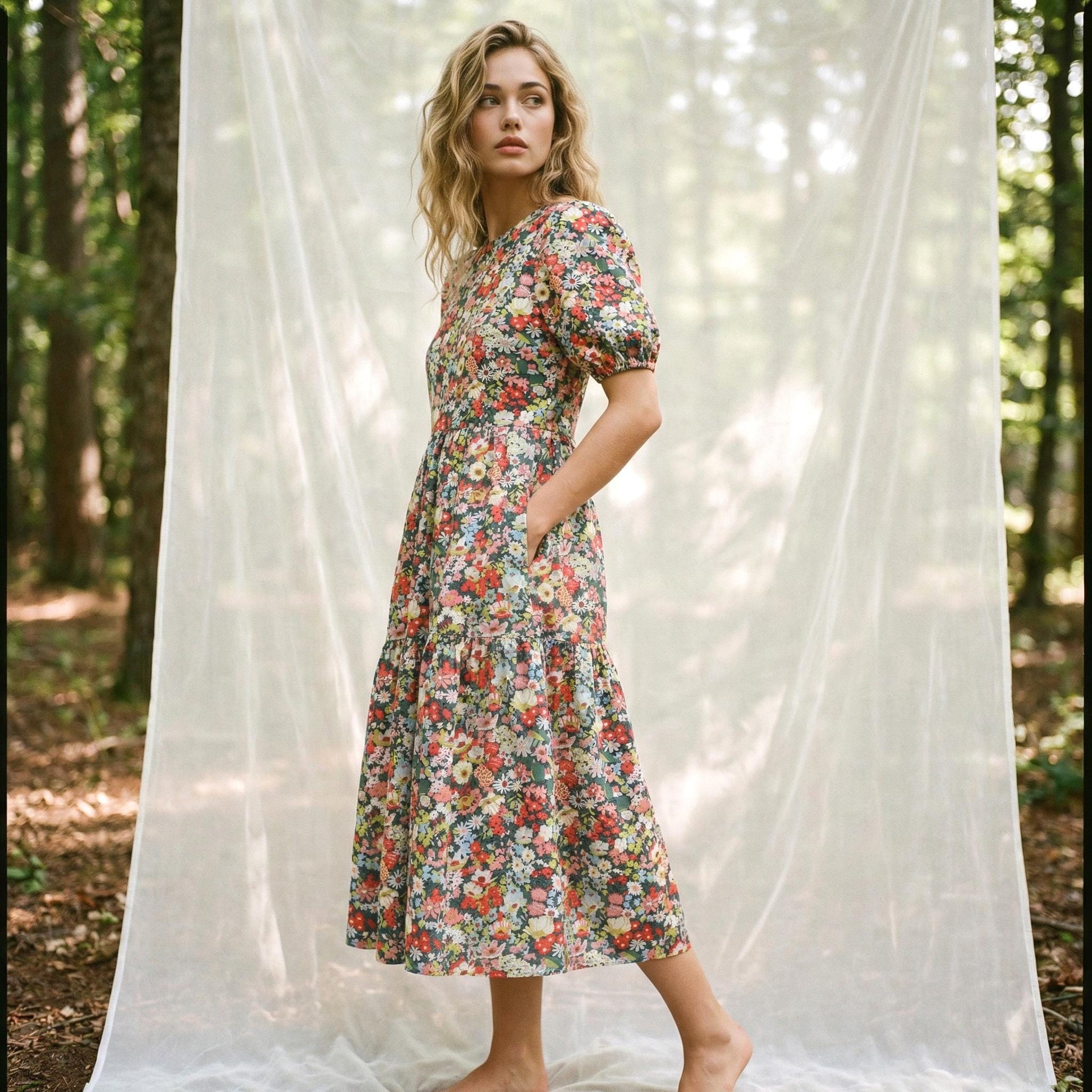 Oversize Liberty Shirt Dress Kimono 3/4 Sleeve: Button Through, Botanical Floral Print