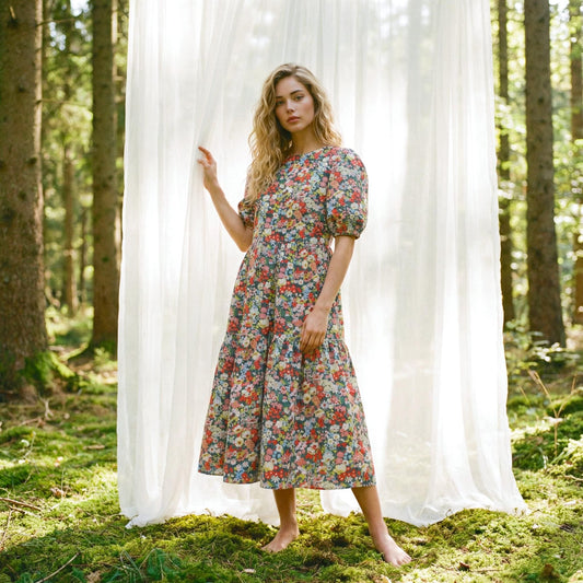Liberty London Smock Sun Dress, Midi-length Puffed Short-Sleeved Tiered Dress, Handmade Sustainable Floral-Print Womenswear