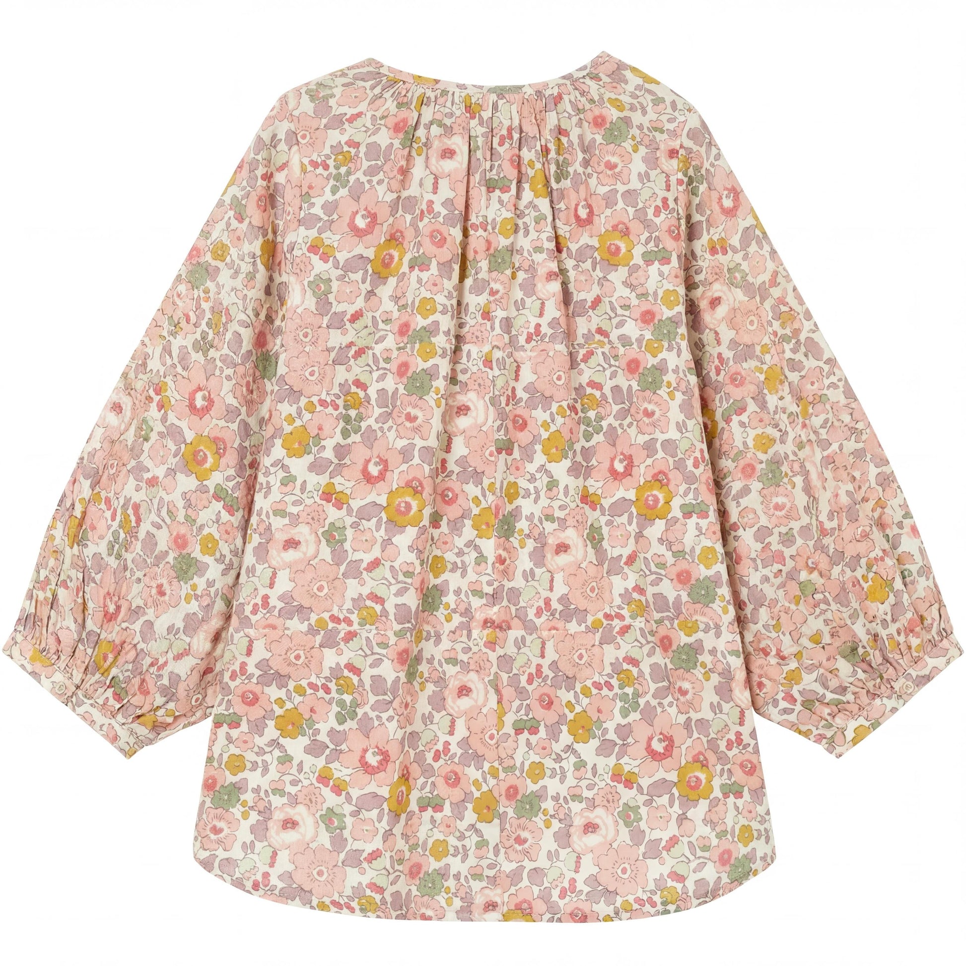 Liberty London Pastel-coloured Floral Botanical Gathered Blouse, Three-quarter Bishop Sleeves Shirt, Handcrafted Tailoring Clothing