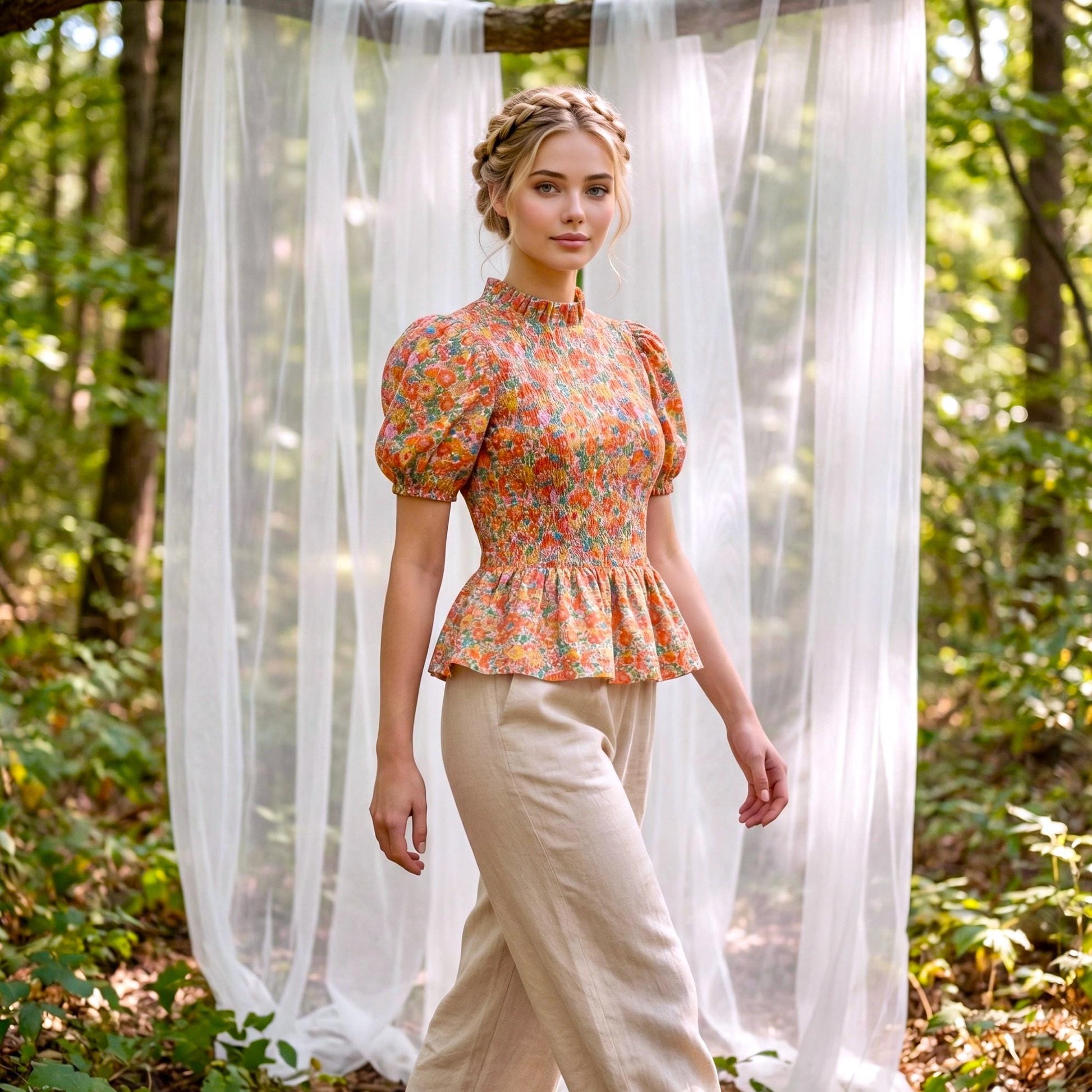 Liberty Print Gather Blouse Mandarin Collar 3/4 Sleeve: Ditsy Flower Cotton Top, Botanical Blouse