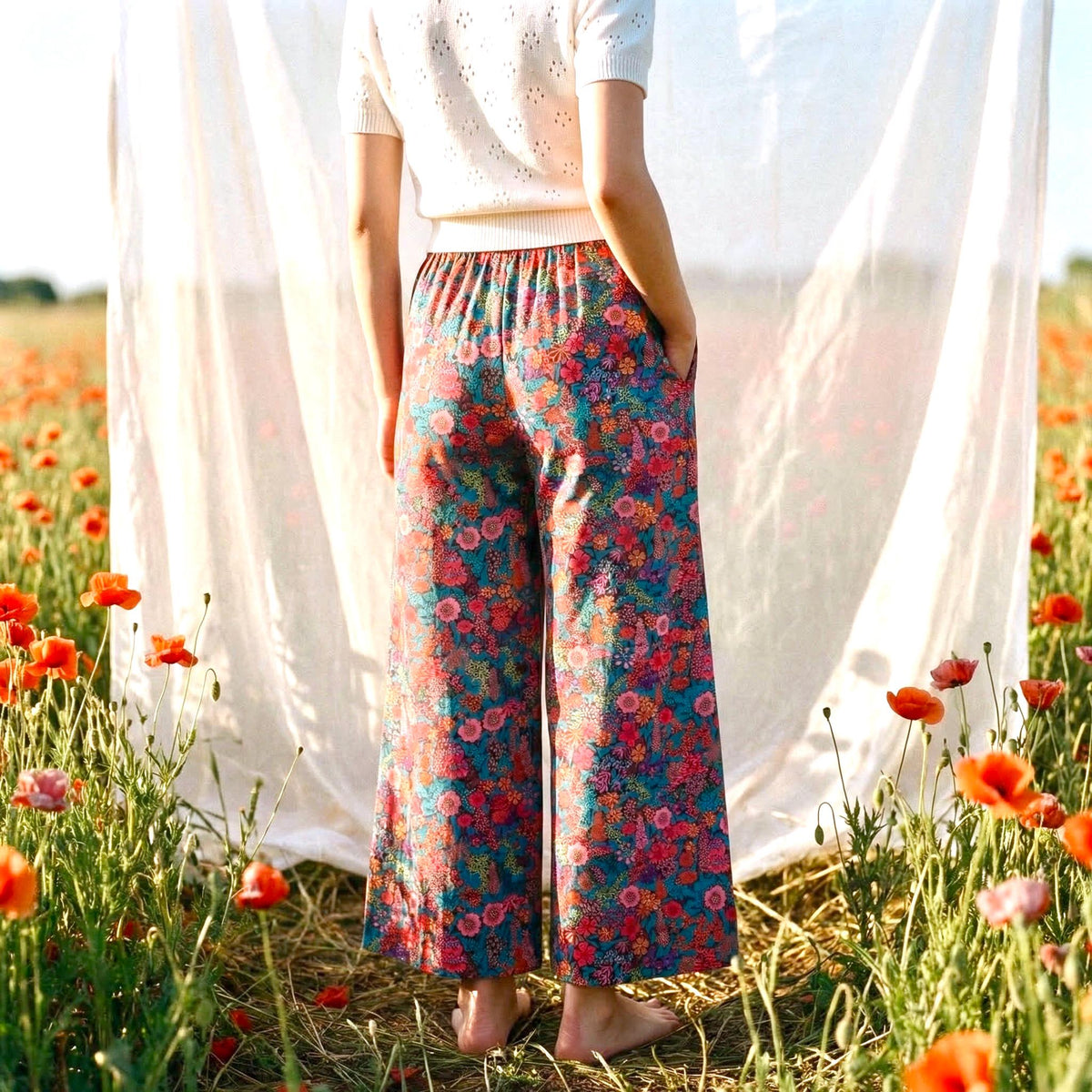 Liberty London Palazzo Pants, Handmade Botanical Floral-print Cotton Trousers, Wide-legged Tailoring Loungewear Bottoms, Ethical-womenswear