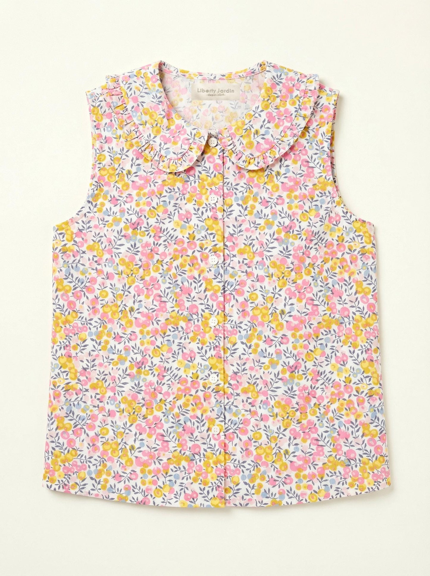 Liberty London Sleeveless Frilled Peter-Pan Collared Button-up Blouse, Tailoring Handmade Clothing, Sustainable Botanical Womenswear