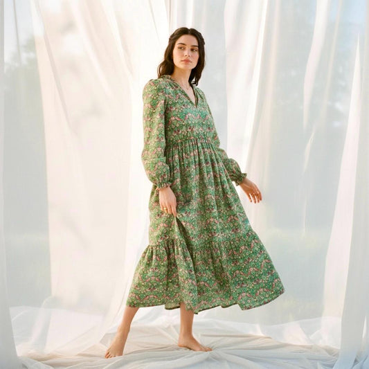 Renaissance Liberty Print Smock Dress: Botanical Ditsy Floral, Long Sleeve Midi Dress, Square Neck