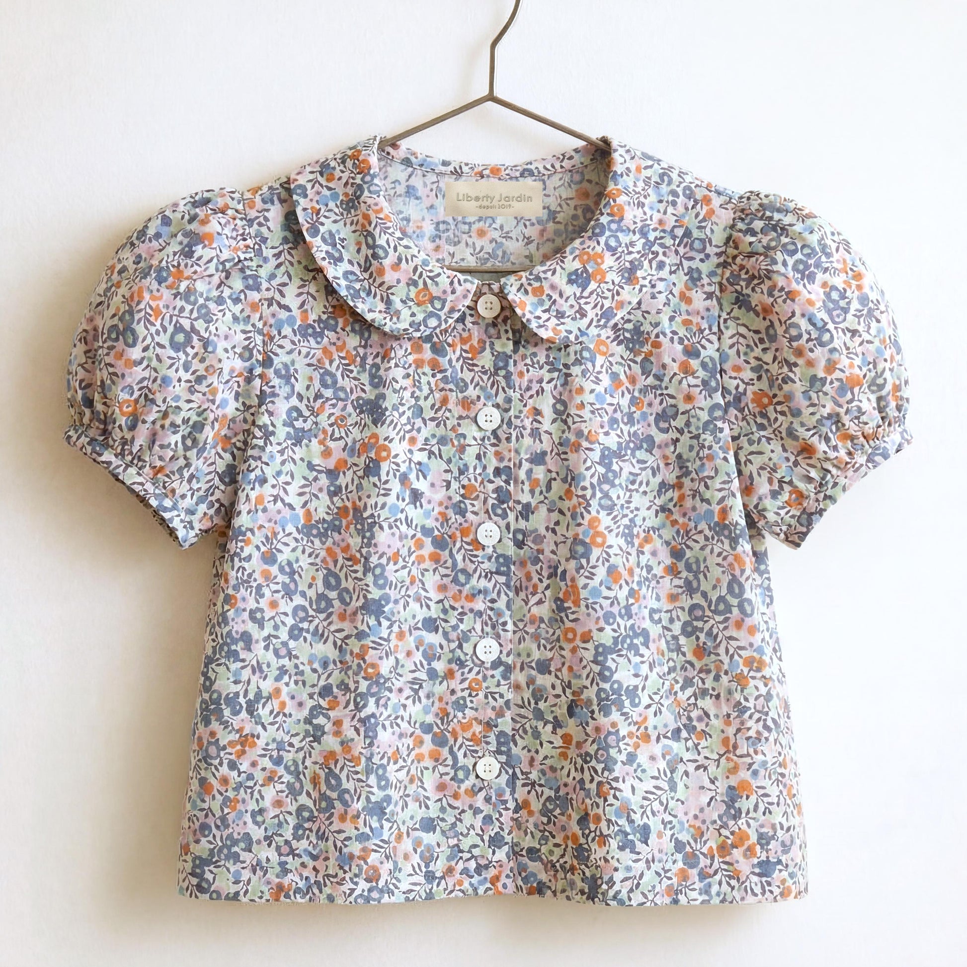 Liberty London Peter-Pan Collared Short-Sleeved Blouse, Handmade Button-up Shirt, Sustainable Ethical Children-wear, Floral Top