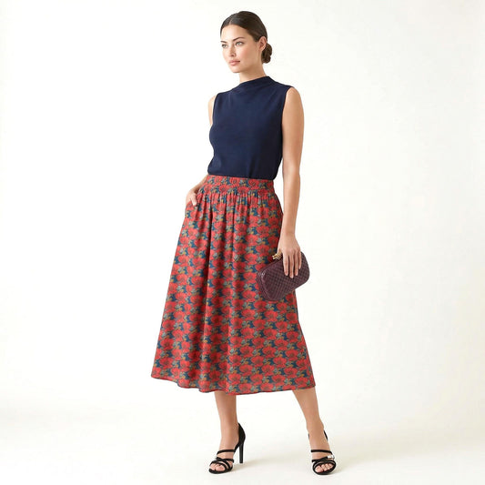 Liberty London Midi-Length Skirt, Handmade Medium Floral-print Womenswear, Slow-fashioned Tailoring Cotton Clothing, Botanical Evening-wear