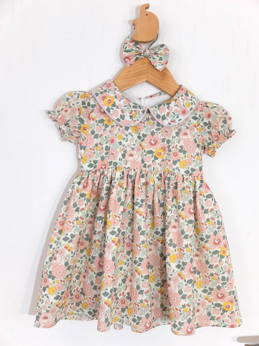 Liberty London Short-sleeved Peter-Pan Collared Dress, Handmade Sustainable Clothing, Ditsy Floral-print Eco-friendly Children Outfit